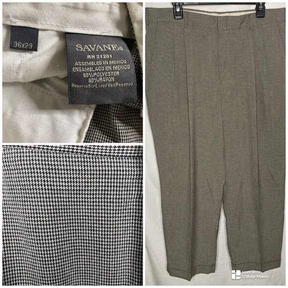 SAVANE Houndstooth Pleated Cuffed Trousers Dress Pants Slacks Mens 36x29 Black - Picture 1 of 8